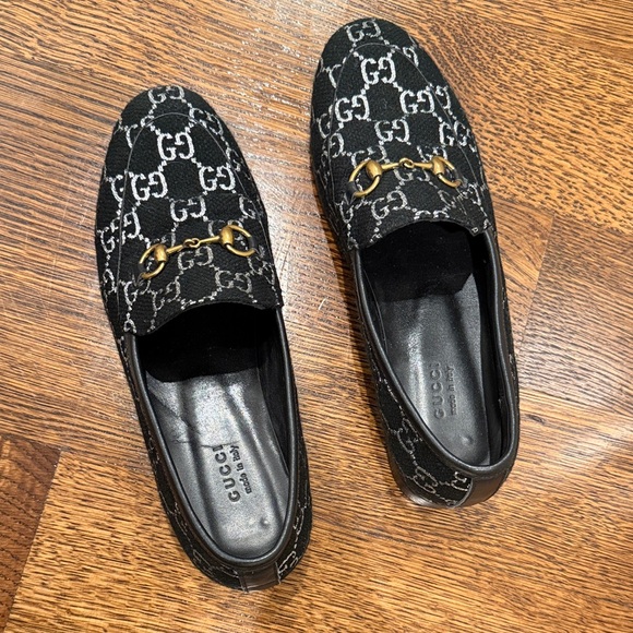 Gucci Black and Gold Monogram Loafers